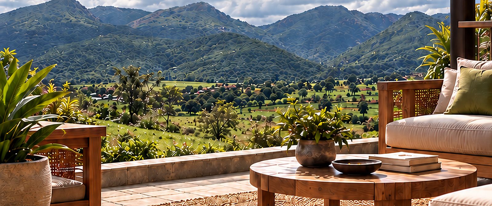 Green hills and farmland seen from a shaded terrace with lounge seating