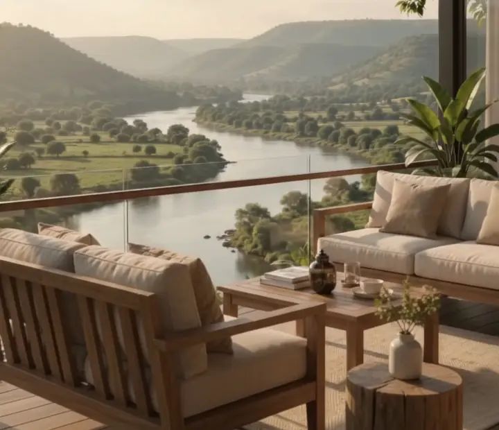 Wooden deck with lounge seating overlooking a river valley